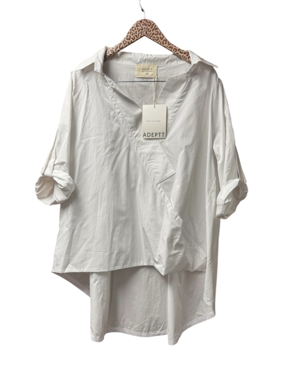 Adeptt Roll Sleeve Asymmetrical Hem Collared Popover Blouse Top White 3XL NEW